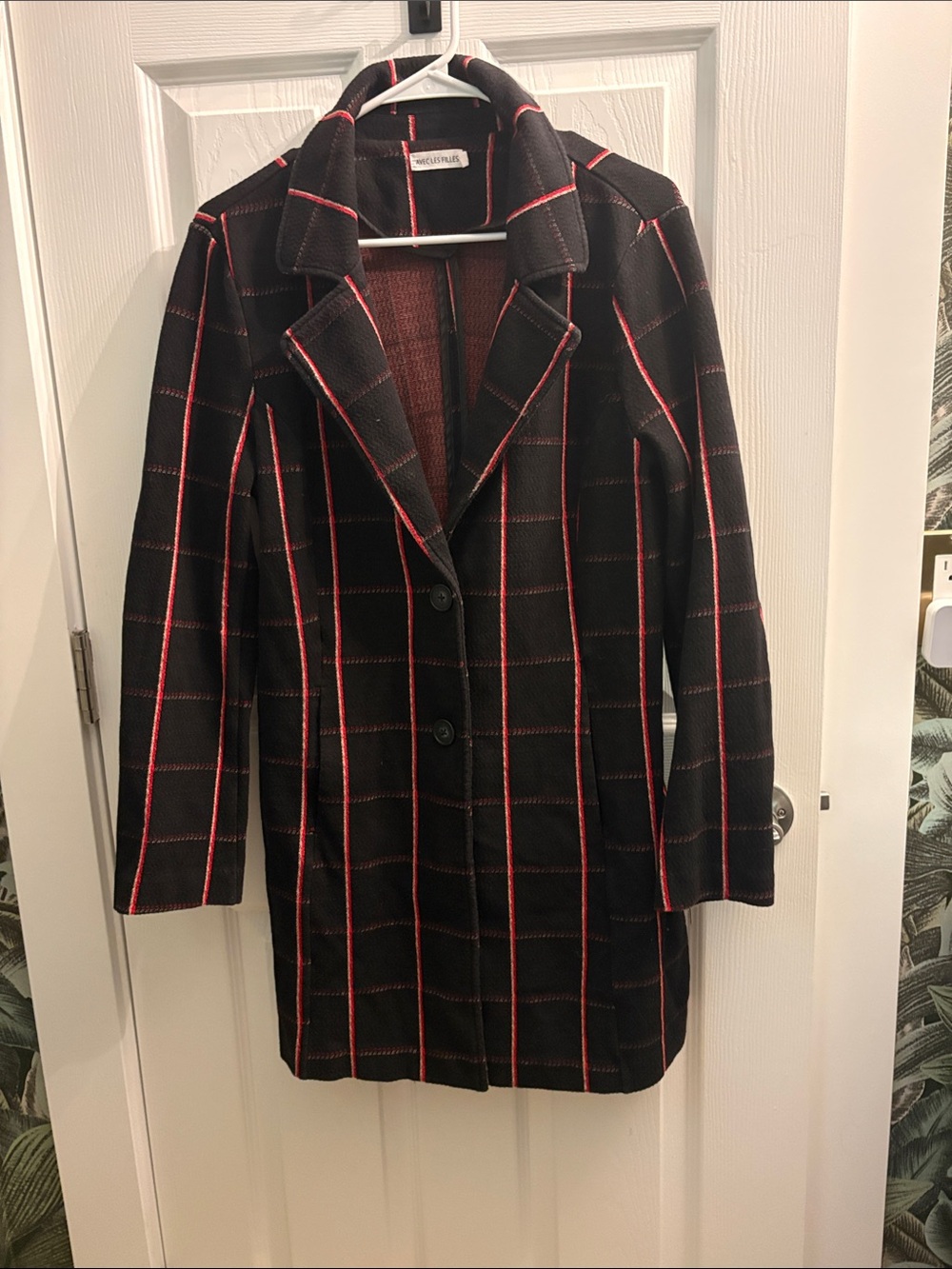 Avec Les Filles Black cardigan Coat with Red Windowpane